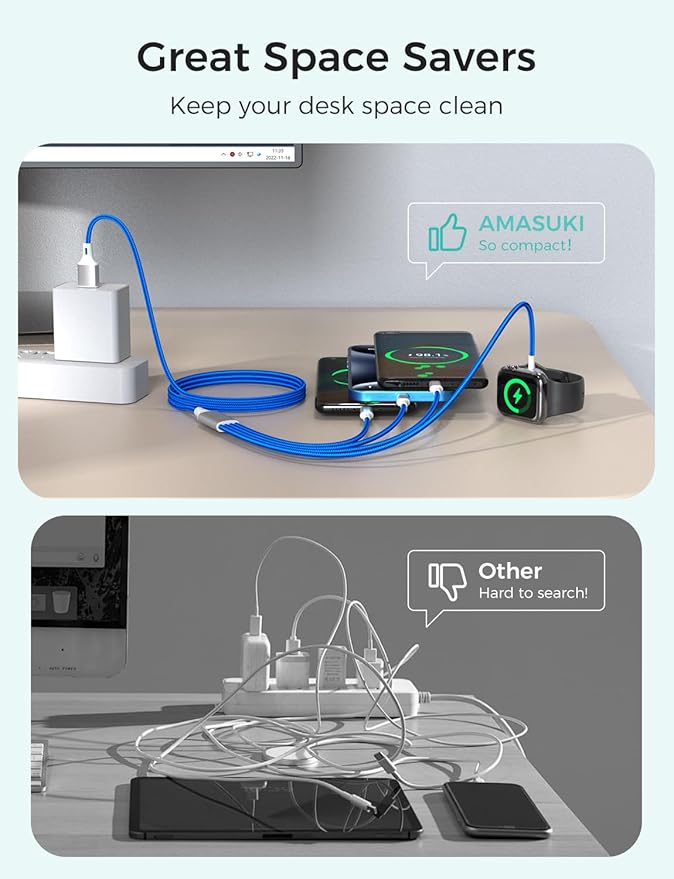 Travel Essentials Multi Charging Cable for Watch Charger 4 in 1 Fast Charger Camping Essentials USB C/L/Micro Compatible with Watch Series 10-1/SE/Ultra Phone 16 15/Galaxy Android-4FT/Blue
