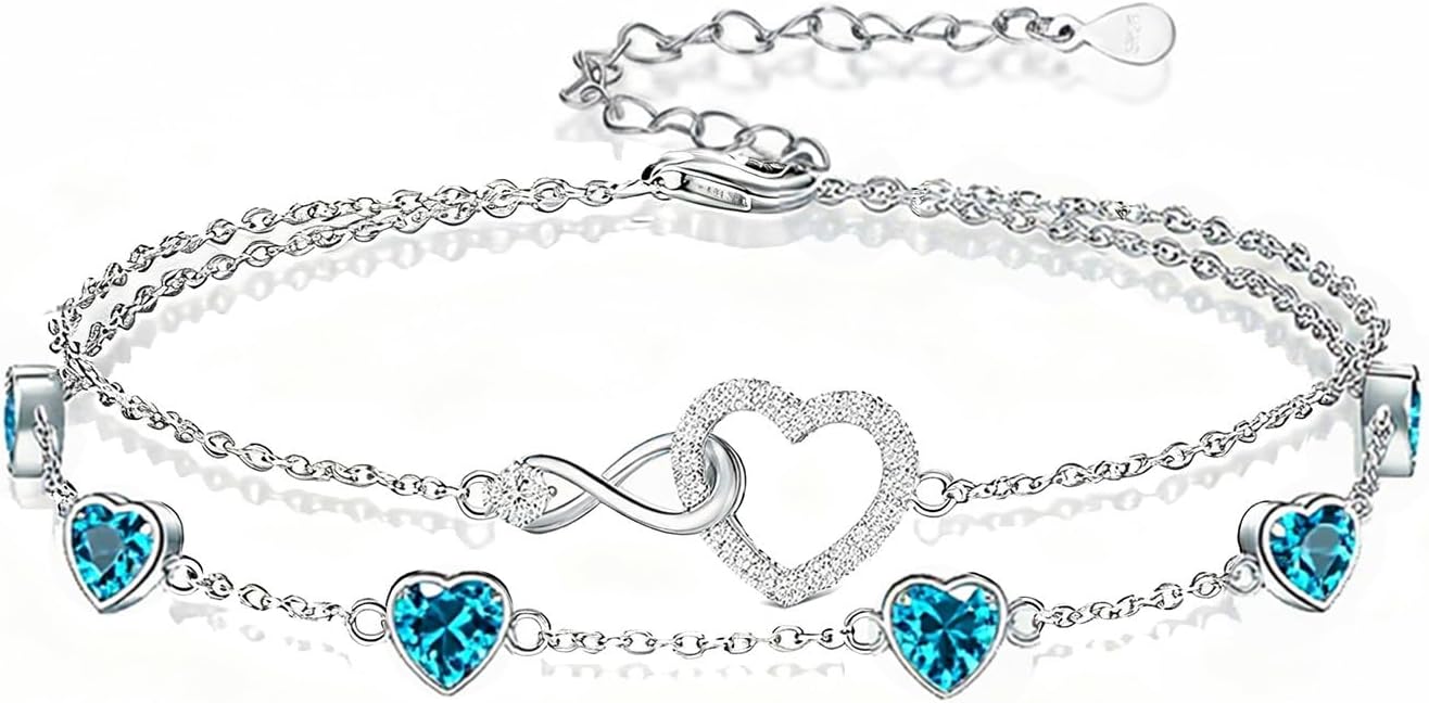 Prismata Infinity Birthstone Charm Link Bracelet 925 Sterling Silver Adjustable 12 Months Birthstone Infinity Bracelet Birthday Jewelry Gifts for Women Mom Her,with 7"+2" chain