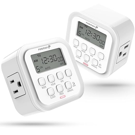 Fosmon 7 Day Digital Timers for Electrical Outlets, Indoor Plug-in Light Timers Switch Programmable, Electric Wall Plug for Lamp, Grow Reptile Lights, Aquarium, 15A/1875W, Grounded- 2 Pack