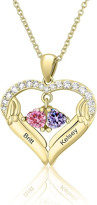 MissNaNa Sterling Silver Personalized 2 Names Heart Necklace with 2 Birthstone Couple I Love You Heart Pendant Necklace Jewelry Gift for Her Wife Girlfriend Mom