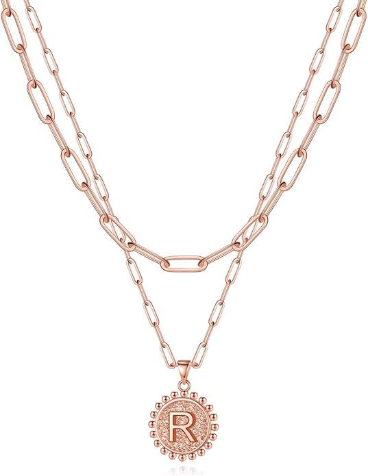 Yoosteel Valentines Gifts for Women Her - Gold Layered Initial Necklaces for Women 14K Gold Plated Dainty Layering Paperclip Link Chain Necklace Coin Initial Necklace Birthday Gifts for Teen Girls