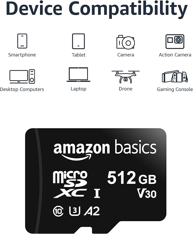 Amazon Basics Micro SDXC Memory Card with Full Size Adapter, A2, U3, Read Speed up to 100 MB/s, 512 GB, Black