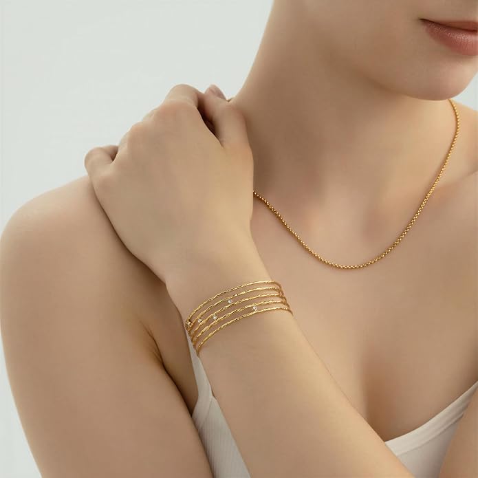 14K Gold Plated Textured Cuff Bracelet for Women - Modern Multi-Band Stainless Steel with Preciosa Crystals