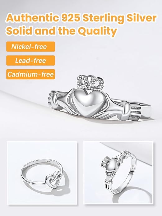 Bestyle 925 Sterling Silver Ring for Women, Minimalist Claddagh Ring Celtic Knot Ring for Women, Irish Promise Wedding Band, Gold/Rose Gold Vermeil Women Band Ring, Stackable, Gift for Her