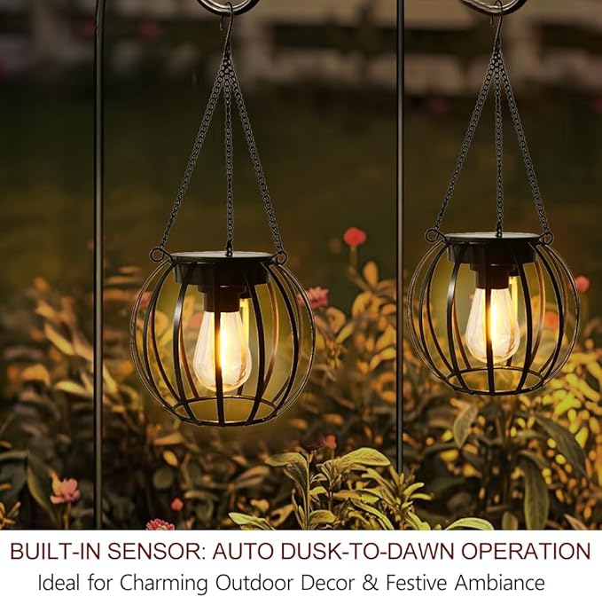 Bright Zeal 2-Pack 13" Black LED Solar Hanging Lanterns Garden - Auto On/Off Metal Lanterns for Trees with Iron Frame - Solar Lantern Hanging Garden Outdoor Lights Metal Waterproof LED