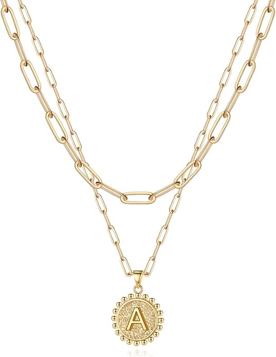 Yoosteel Valentines Gifts for Women Her - Gold Layered Initial Necklaces for Women 14K Gold Plated Dainty Layering Paperclip Link Chain Necklace Coin Initial Necklace Birthday Gifts for Teen Girls