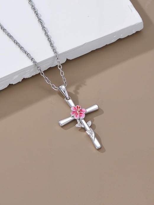 Flower Necklace Sunflower/Violet/Daffodil Necklace Sterling Silver Flower Cross Pendant Jewelry Gifts for Women