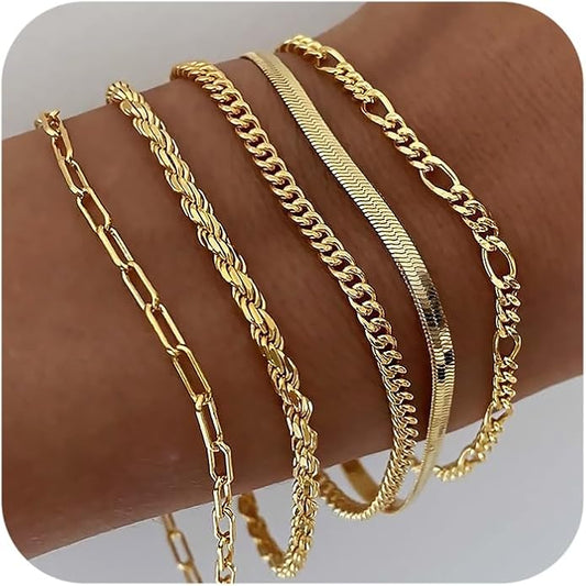 DEARMAY 14K Gold Plated Bracelets for Women, Jewelry Sets Cute Tennis Beaded Bracelets Cuban Link Paperclip Chain Dainty Bracelet Pack Gifts