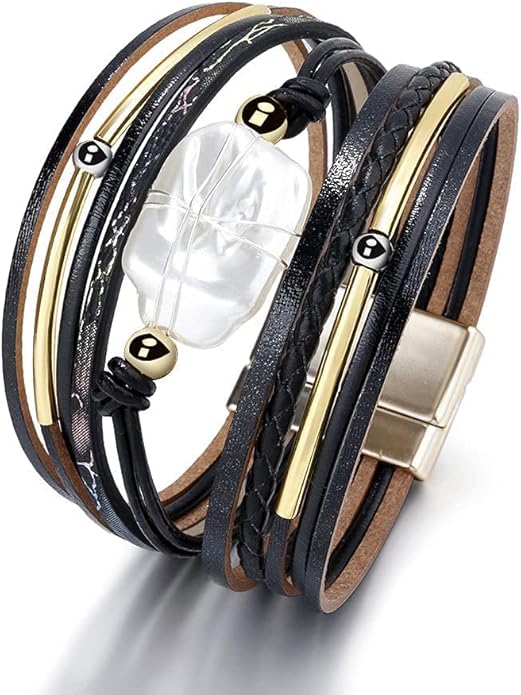 Fesciory Leather Wrap Bracelets for Women, Boho Leopard Multi-Layer Crystal Beads Cuff Bracelet Jewelry