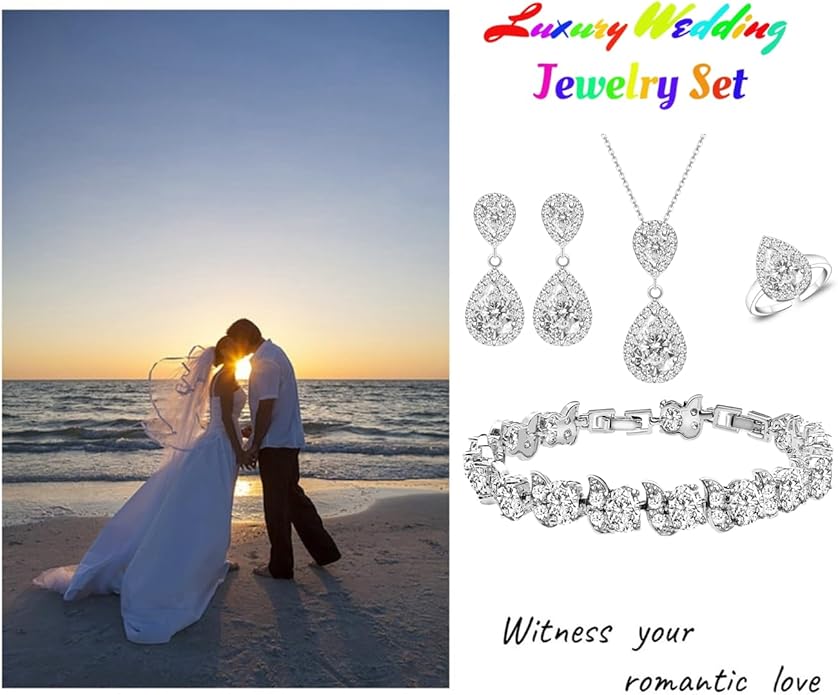 LMXXVJ Teardrop Jewelry Set for Women，Necklace Earrings Adjustable Ring Bracelet Set Fashion Formal Platinum/Gold/Rose Gold Jewelry Gift Girl/Mom/Wife/Grandmother/Best Friend/Aunt