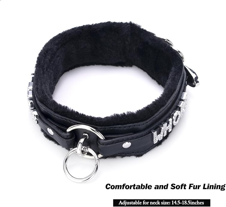 Sparkle Letter Choker Collar For Women, Furry O-ring Leather Collar Punk Gothic Choker Necklace Adjustable Fashion Jewelry, Black