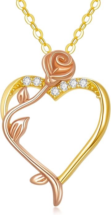 14K Solid Gold Rose Flower/Sunflower Necklaces for Women Flower Heart Pendant Necklace Love Sunshine Jewelry Anniversary Valentine's Day Birthday GiftS for Women Wife Girlfriend Her Mom