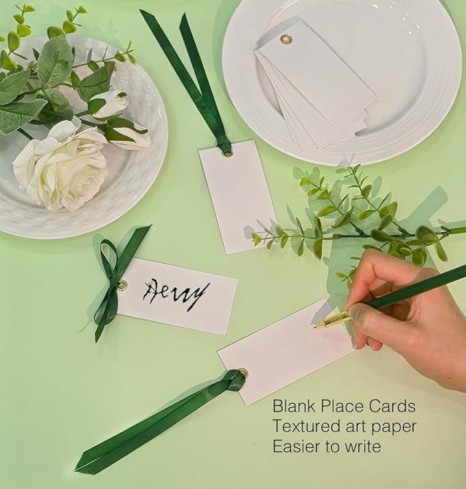 25 Pcs Name Place Cards Blank Seat Card, 2 x 4 in Table Cards with Stain Ribbon, Wedding Place Card, Hanging Tags for Wedding table Setting Reserved Chairs Signs Dinner Banquet Parties.(Dark Green)