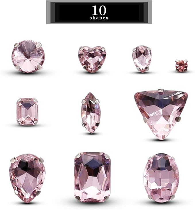 TANOSII Sew on Rhinestones 100 PCS Mixed Shapes Glass Rhinestones Sew on Crystal Gems Mental Flatback with Silver Claw for Jewelry Crafts Clothes Shoes Costume Garment Light Pink