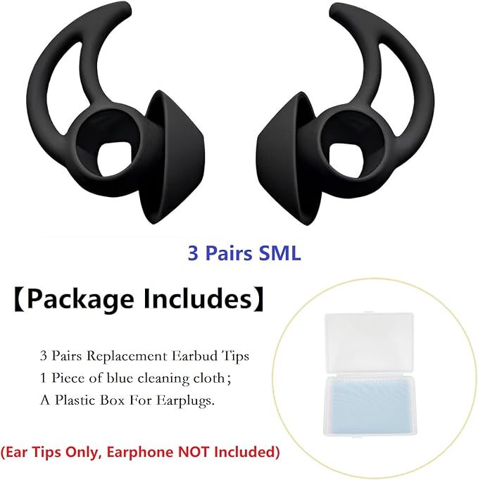 Silicone Earbud Tips - 3 Pairs SML Soft & Comfortable Noise Isolation - Black Ear Tips - Compatible with Bose QuietComfort & Sport Earbuds