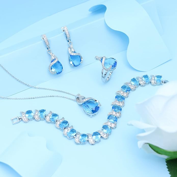 GZWHD Jewelry Set for Women Water Drop Cubic Zirconia Artificial Crystal Earrings Pendant Necklace Open Ring Tennis Bracelet Wedding Anniversary Birthday Engagement Gift for Bridesmaid Wife Girlfriend Friend