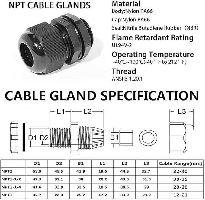 Cable Glands-PENGLIN 10PCS NPT Nylon Cable Connector 1-1/4", 1-1/2'', 1'',2'', Strain Relief Cord Connector With Gaskets, IP68 Waterproof Adjustable Locknut
