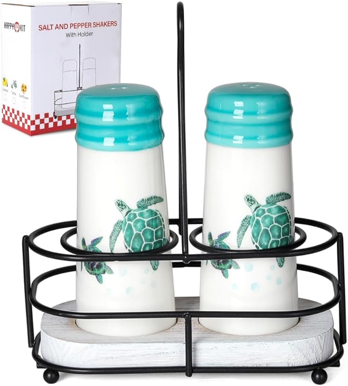 Salt and Pepper Shakers - Farmhouse Turtle Salt and Pepper Shakers Set with Metal Holder & Refill Funnel, Countryside Dining Accessories for Cottage Homes & Outdoor Picnics (Gift Box Ready)