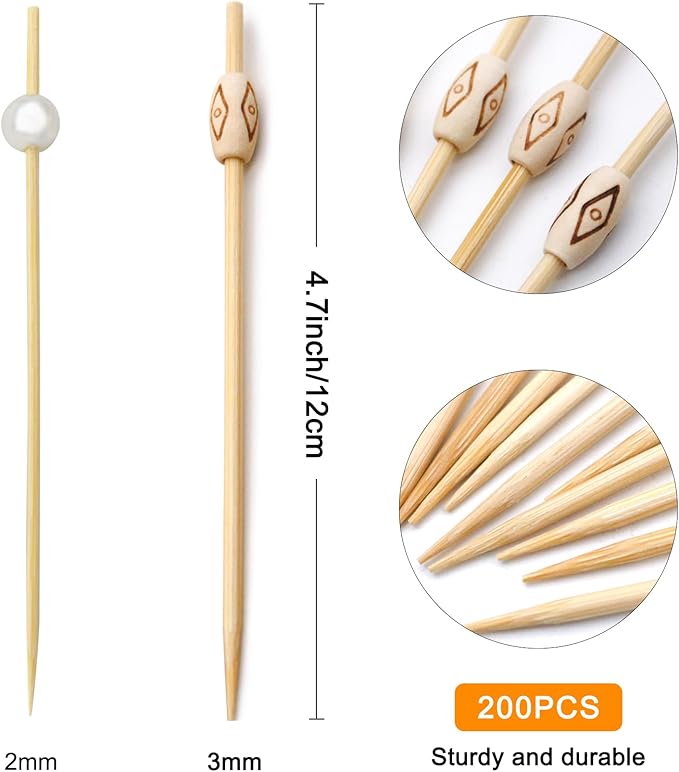 BLUE TOP 200PCS Oval Wood Pearl Cocktail Picks for Drinks&Food, 4.7 Inch Fancy Decorative Cocktail Toothpicks Food Picks, Decorative Bamboo picks for Hallowen Parties Bar Hotel Events July 4th