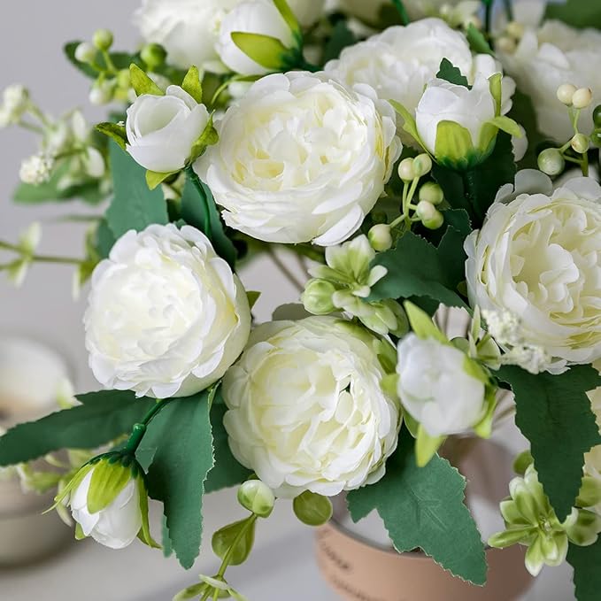 Floweroyal 4 Bunches Peony Artificial Flowers White Flowers Silk Peonies Bouquets for Wedding Party Table Centerpieces Floral Arrangement Home Kitchen Decor.
