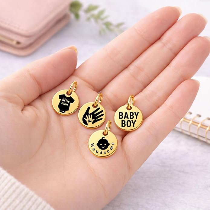 SM Design Pregnancy & New Baby Charm Set – Set of 4 Meaningful Stainless Steel Charms – Great for Crafting, Making Bracelets and Necklaces - Meaningful Keepsake Charms for Expecting & New Moms