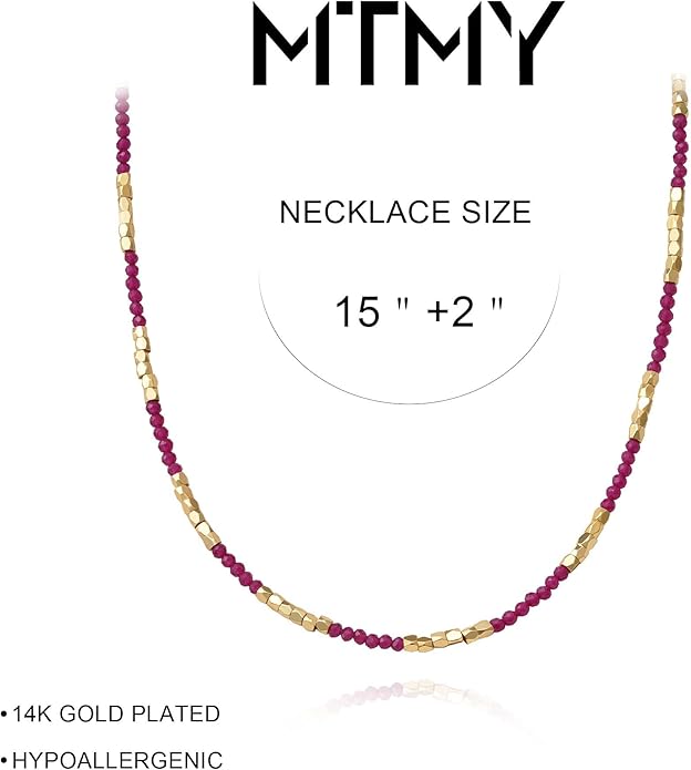 MTMY Beaded Gemstone Choker Necklace for Women, 14K Gold Plated Boho Colorful Natural Stone Bead Chain Necklace Summer Beach Handmade Jewelry