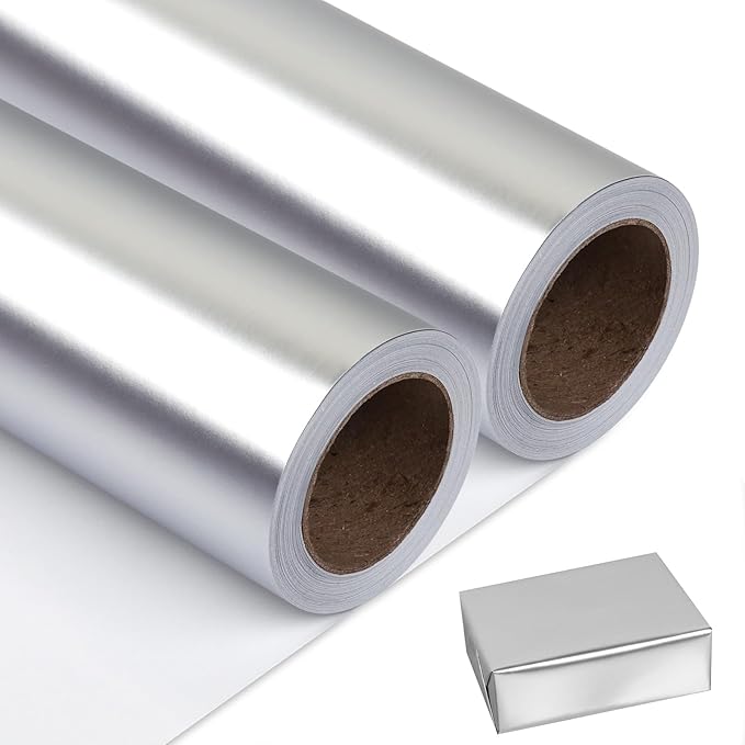 NESCCI Matte Metal Silvery Wrapping Paper, Solid Color Paper-2 Roll,17 Inches X 32.8 Feet Per Roll,Gift Wrapping Paper,Perfect for Wedding,Valentine's Day, Birthday,Baby Shower