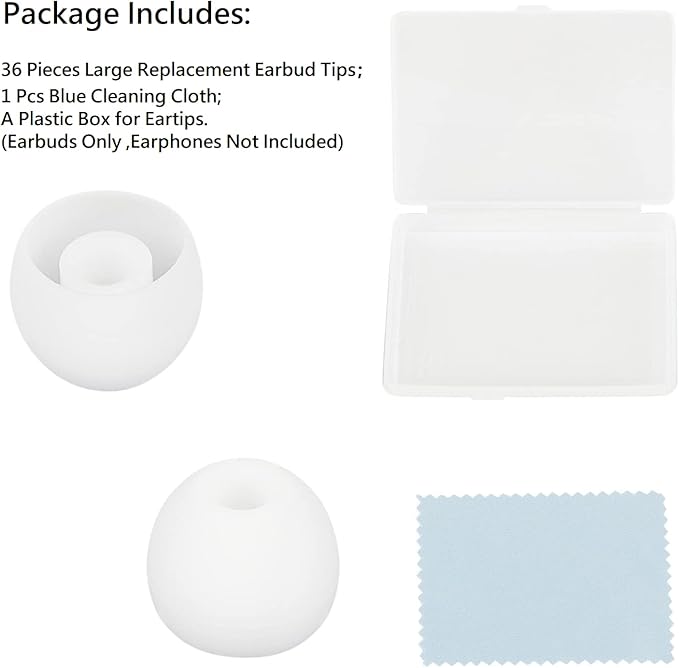 36 Pieces Large Earbud Tips Soft and Comfortable Silicone Earbud Tips Ear Bud Replacement Pieces Silicone Fit Most in-Ear Headphones，Inner Hole 3.8mm -5.5mm，Large White Earbuds Silicone Tips