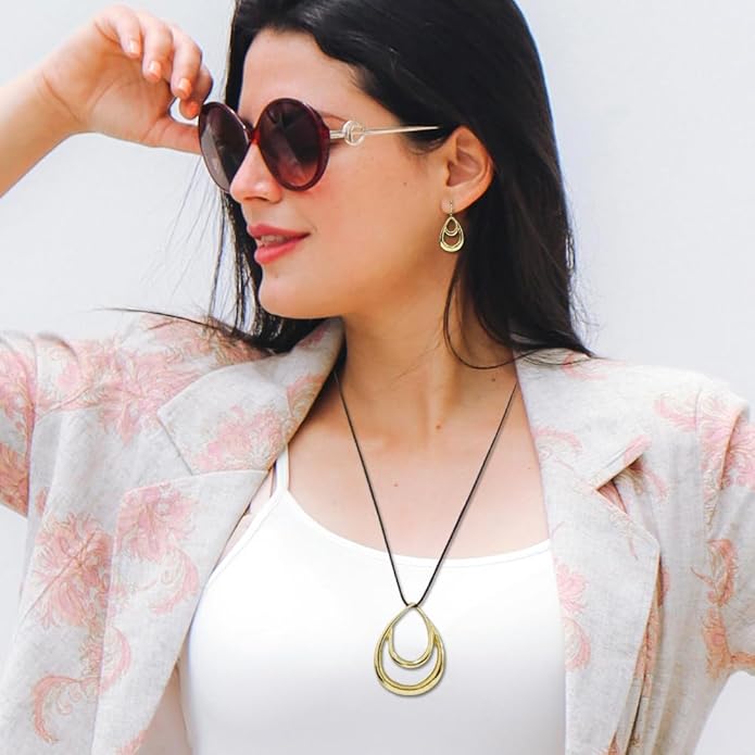 Madison Tyler Gold Plated Jewelry Set for Women | Silver Teardrop Pendant Necklace Trendy | Long Necklace with Snake Chain | Fashion Dangle Earring Set