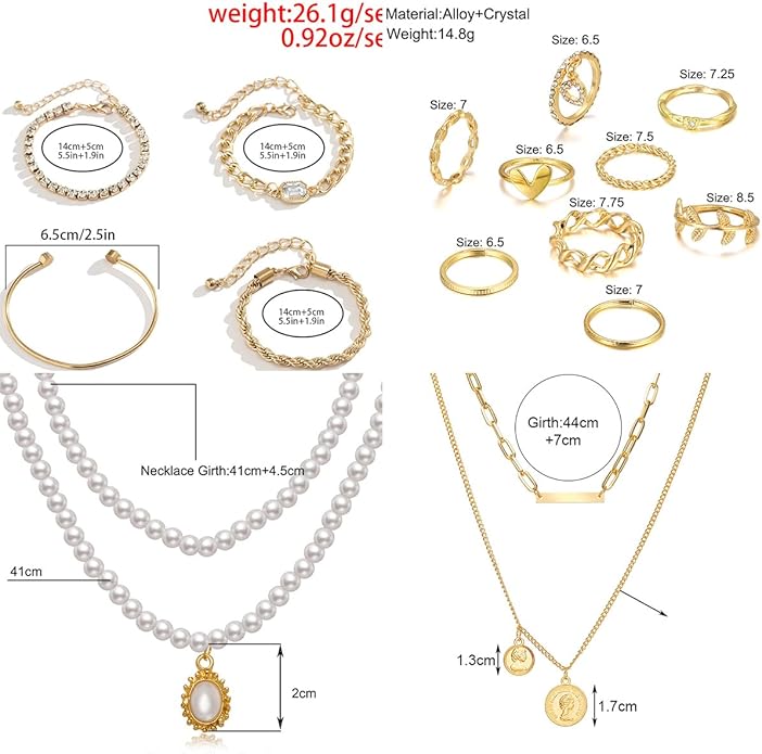 73 Pcs Gold Jewelry Set with 6Pcs Layered Necklace, 11 Pcs anklet and 7Pcs Earring Ear Cuff,12Hoop Earrings ,15pcs Rings,21pcs stud earrings Jewerly set for Women Pack for Friendship Party Gift