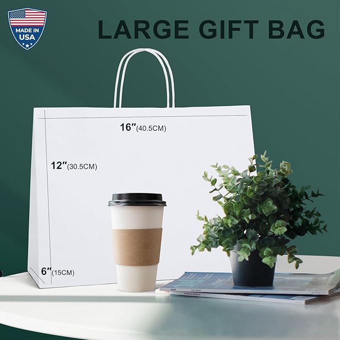 METRONIC Paper Gift Bags 16x6x12'' 200Pcs White Paper Bag with Handles Bulk for Small Business, Birthday Wedding Party Favor