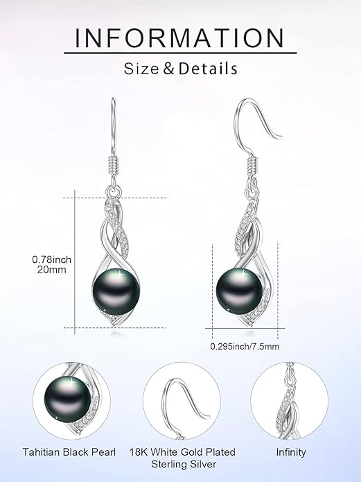 Tahitian Black Pearl Earrings Gifts for Women Wife Celtic Dangle Drop Earrings Wedding Birthday Anniversary Jewelry Valentines Christmas Day Gifts 925 Sterling Silver