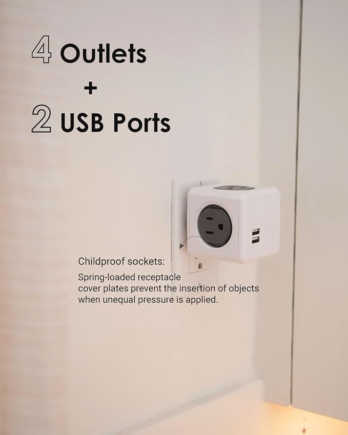 USB Wall Plug, Allocacoc PowerCube |Original|, 4 Outlets and 2 USB Ports, Cell Phone Charger, Power Adapter, Surge Protection, Compact for Travel, Home and Office, Space Saving, ETL Certified