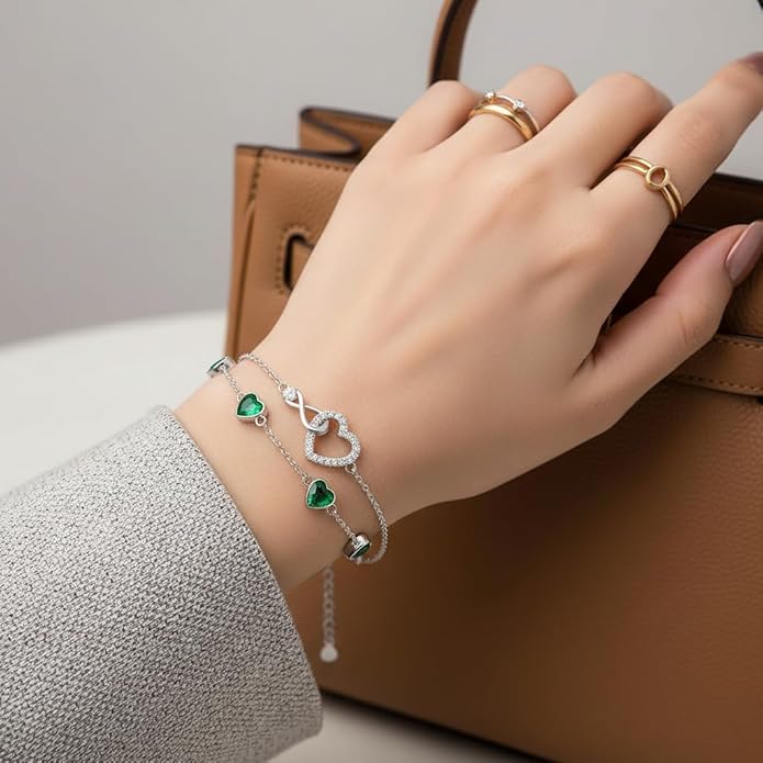 Prismata Infinity Birthstone Charm Link Bracelet 925 Sterling Silver Adjustable 12 Months Birthstone Infinity Bracelet Birthday Jewelry Gifts for Women Mom Her,with 7"+2" chain