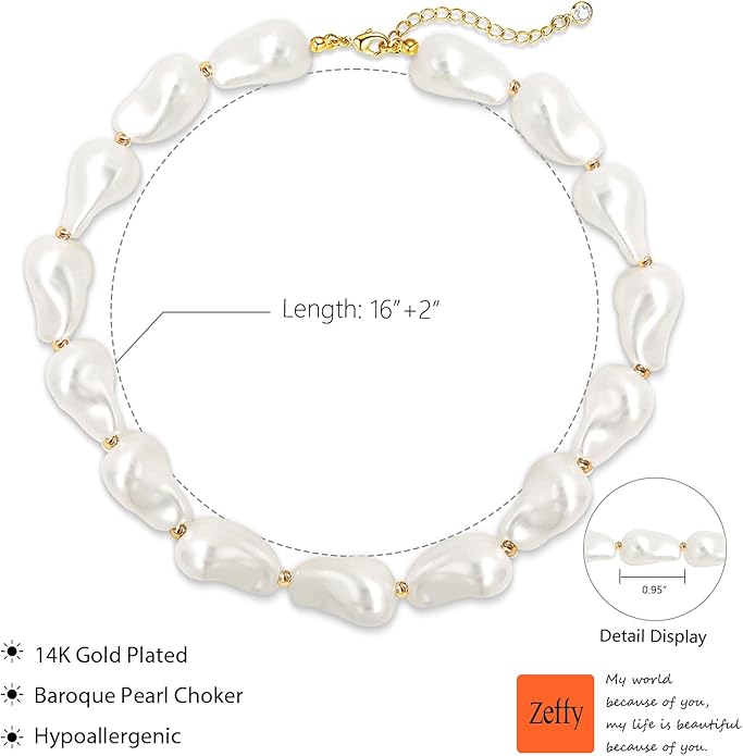 Zeffy 14K Gold/Silver Plated Chunky Thick Chain Toggle Clasp Necklace Dainty Baroque Pearl/Heart/Cross/Turquoise Pendant Necklace