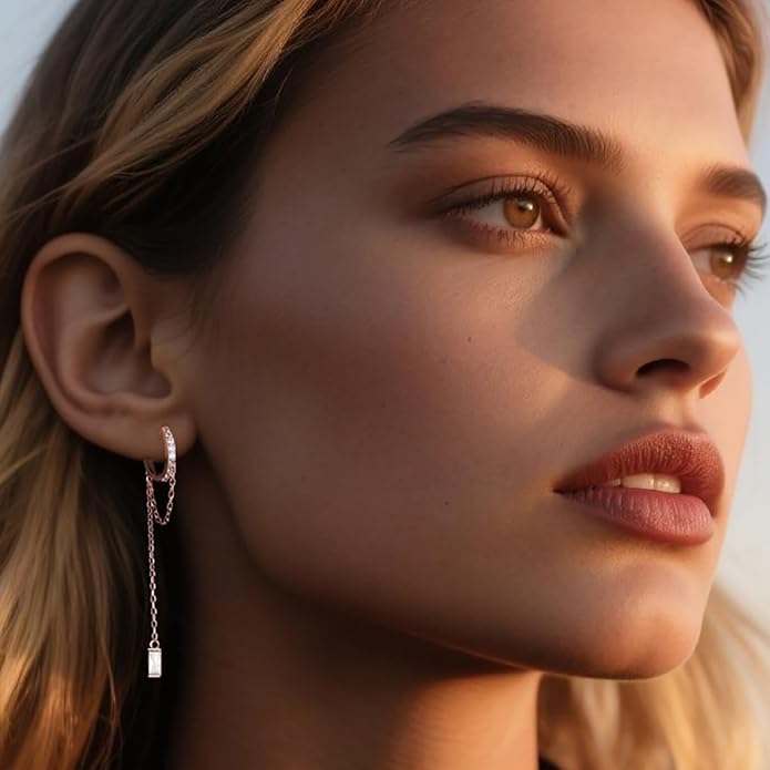 Reffeer 925 Sterling Silver CZ Chain Hoop Earrings Dangle for Women Teens Dangle Earrings Chain Drop Earrings Huggie
