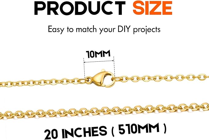 20 Pack Necklace Chains Gold Plated Stainless Steel Cable Chain Necklace Bulk for Jewelry Making, 20 Inches