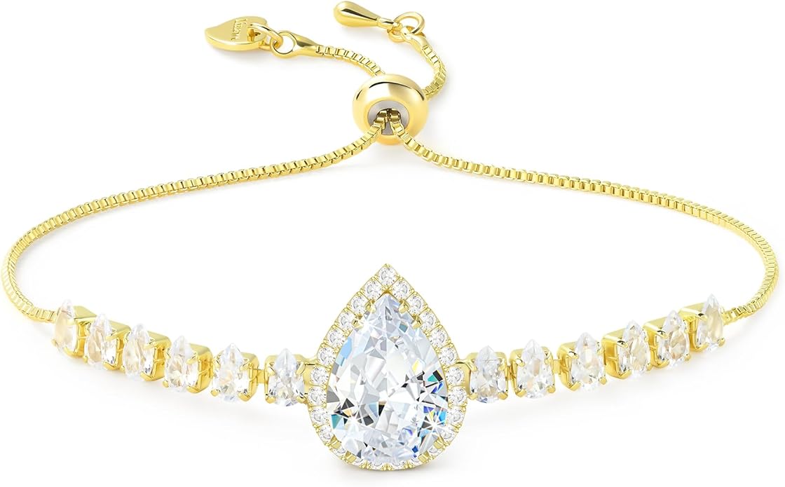 Linawe Crystal Imitation Diamond Rhinestone Charm Bracelets for Women, Gold/Silver/Rose Gold Adjustable Chain Bracelet, Teardrop Birthstone Cubic Zirconia Prom Costume Wedding Jewelry