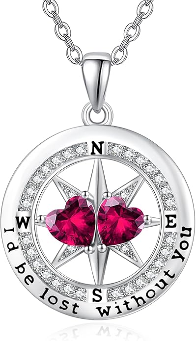 Compass Necklace for Women, Exquisite S925 Valentines Day Anniversary Birthday Gifts for Wife Her Double Birthstone Pendant Jewelry ‘I'd be Lost Without You’