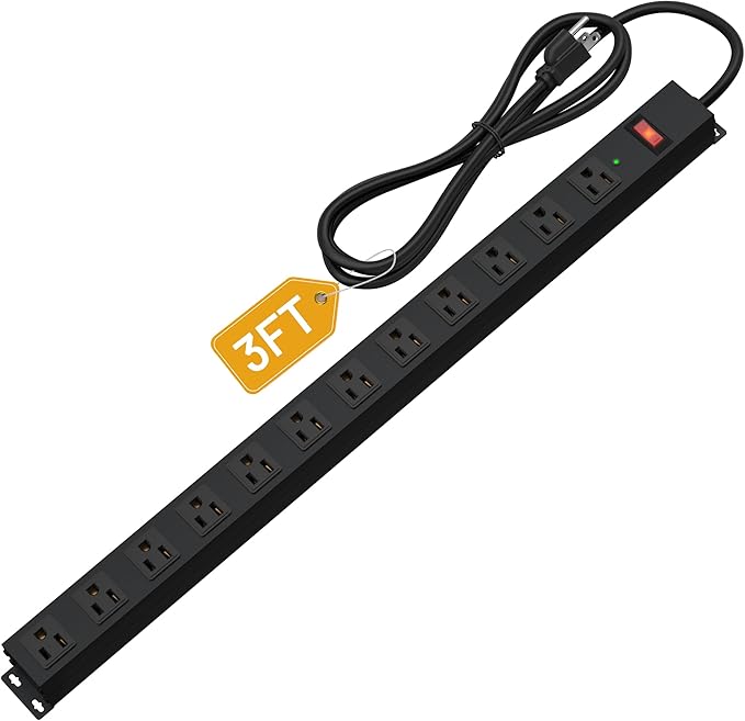 12 Outlet Long Power Strip Surge Protector with 2100 Joules, 3FT Power Cord, Wide Spaced Outlet Power Bar, Overload Protection Switch, Industrial Heavy Duty for Work Bench, Shop, Garage (Black)