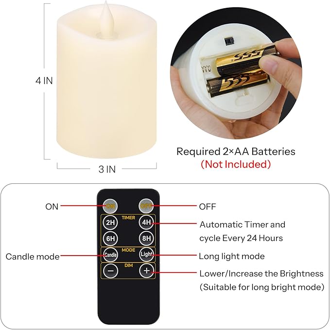 3x4 Flickering Flameless Candles Set of 1,Real Wax Pillar LED Candles with Battery,with Timer,4 inch Flameless Candles with Remote,for Christmas/Halloween/Party/Wedding,Ivory