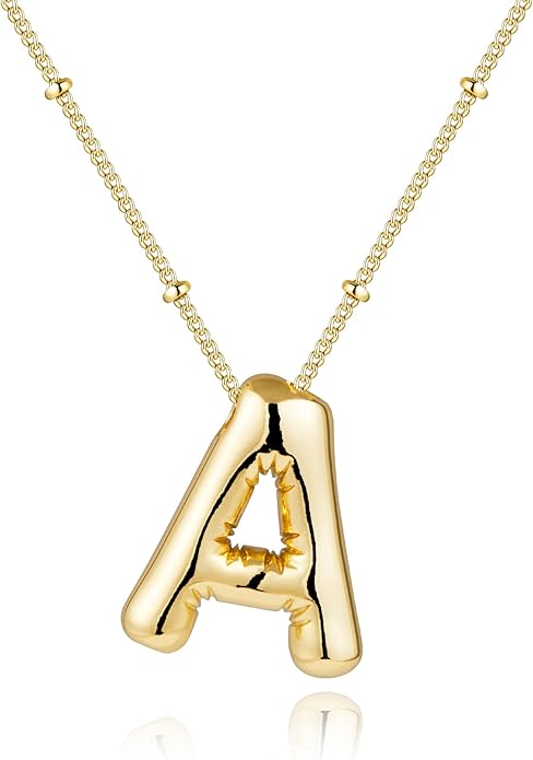 Inerney Valentines Day Gifts Gold Bubble Letter Necklace Initial Necklaces for Women, Chunky 14K Plated Balloon Initials, Trendy Charm Non Tarnish Custom Name Pendant Jewelry Gifts for Mom