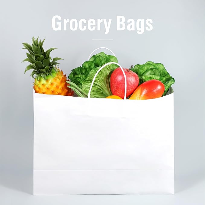 woric 60 PCS White Paper Bags with Handles, Large Gift Bag 16 x 6 x 12 inch White Gift Bag Bulk Shopping Bags for Gift Grocery Small Business