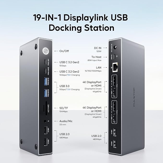 Displaylink Docking Station, USB C DisplayLink Dock Dual Displays for MacBook M1/M2/M3/M4 Windows, 4K@60Hz Displaylink Dock with 2 HDMI, 2 Display Port, 2USB C Data, 6 USBA, Ethernet, Audio