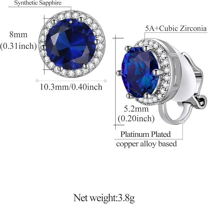 FindChic Sparkling Birthstone Clip On Earrings for Women, Silver Plated Stud Earrings 8MM Cubic Zirconia Non Pierced Studs, 12 Months Birthday Jewelry Gift