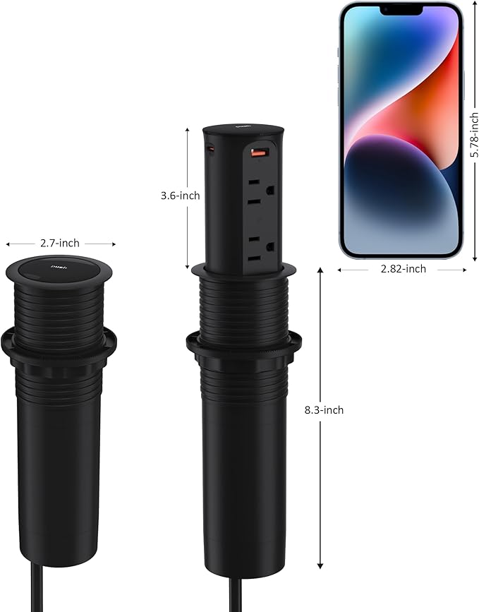 Pop up Outlet for Countertop,65W USB C Fast Charging Port,2.5-inch Hole Desktop Power Grommet,Recessed Power Strip,4 Outlets 4 USB Ports,15Amp Tamper Resistant Receptacle，ETL Listed (Black)