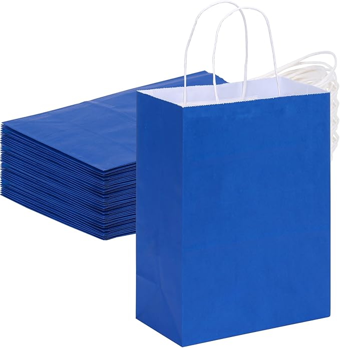 OUTUXED 35pcs Blue Gift Bags, Kraft Paper Bags with Handles, 7.1x3.6x9.3in Medium Size Blue Paper Bags for Retail, Gift Wrapping, and Shopping