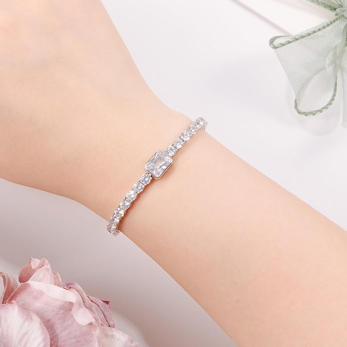 Birthstone Bracelets for Women Birthday Gifts 4CT Radiant Cut Birthstone 4mm Sterling Silver White Gold Tennis Bracelets for Women Round Cut 5A Cubic Zirconia Bezel Setting 7 Inch
