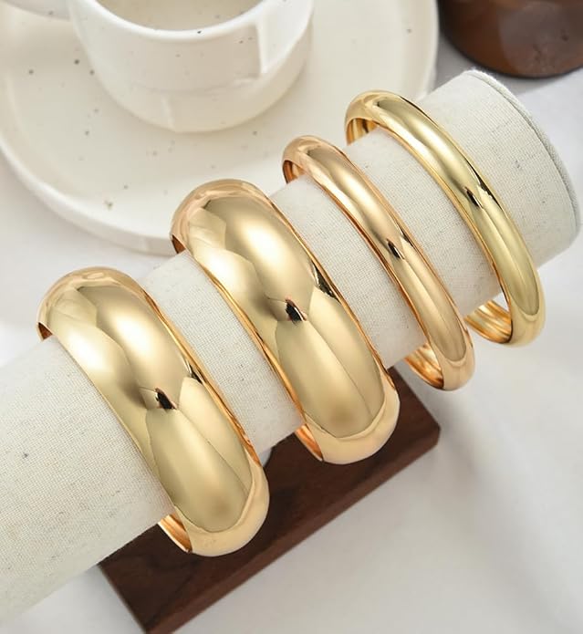 Chunky Gold Bangle Bracelets for Women, Dainty 14k Gold Plated Big Stackable Bangles Set, Trendy Statement Cuff Bracelet Stack Fashion Jewelry Christmas Gifts