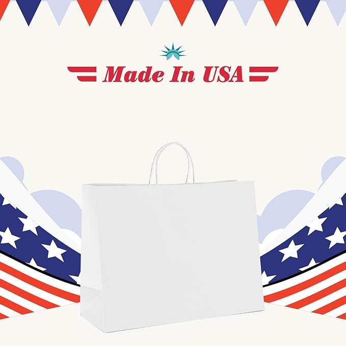GSSUSA Large White Paper Bags 16x6x12'' 200Pcs Recycled Gift Bags Kraft Bag With Handles For Business, Party, Boutique, Retail, Wedding, Shopping, Halloween, Christmas